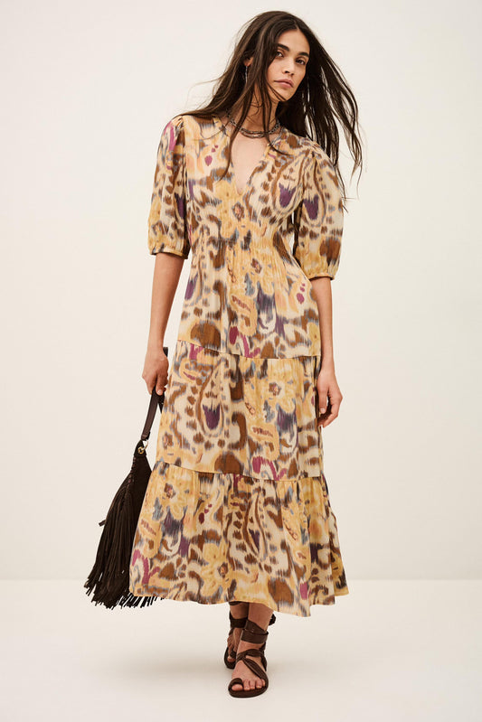 ba&sh Patterned Midi Dress Madelia Yellow