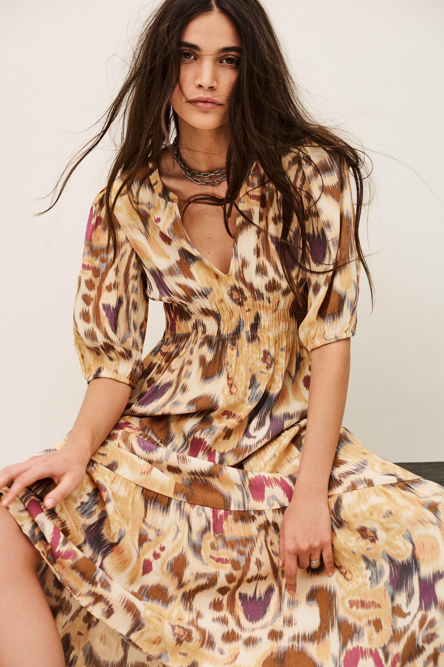 ba&sh Patterned Midi Dress Madelia Yellow