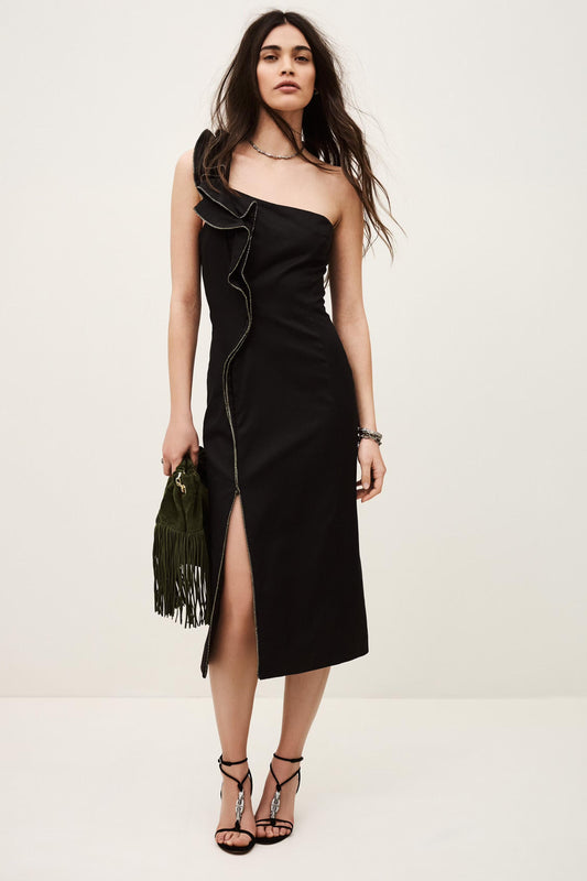 ba&sh One-Shoulder Ruffle Dress Silla Black