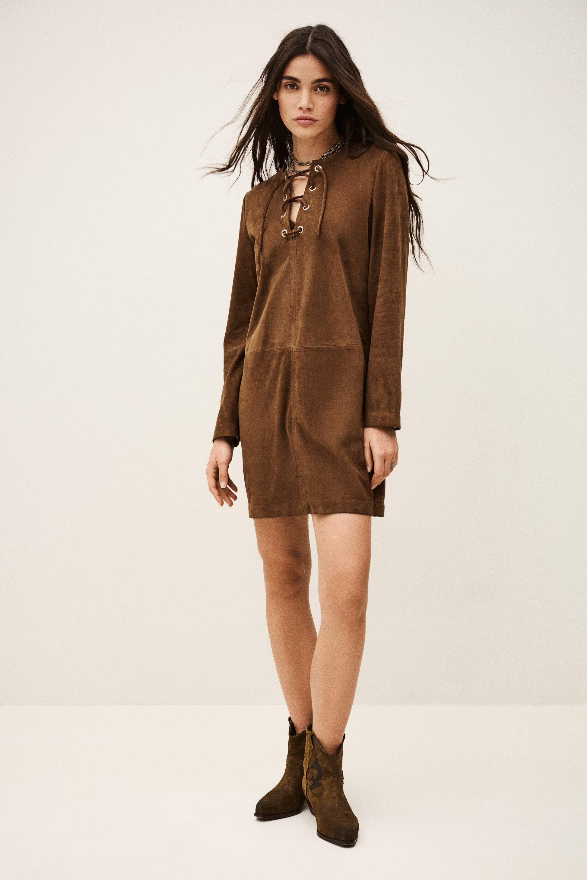 ba&sh Suede Mini Dress Seda Brown