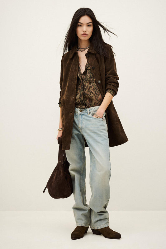 ba&sh Long Suede Coat Maena Brown