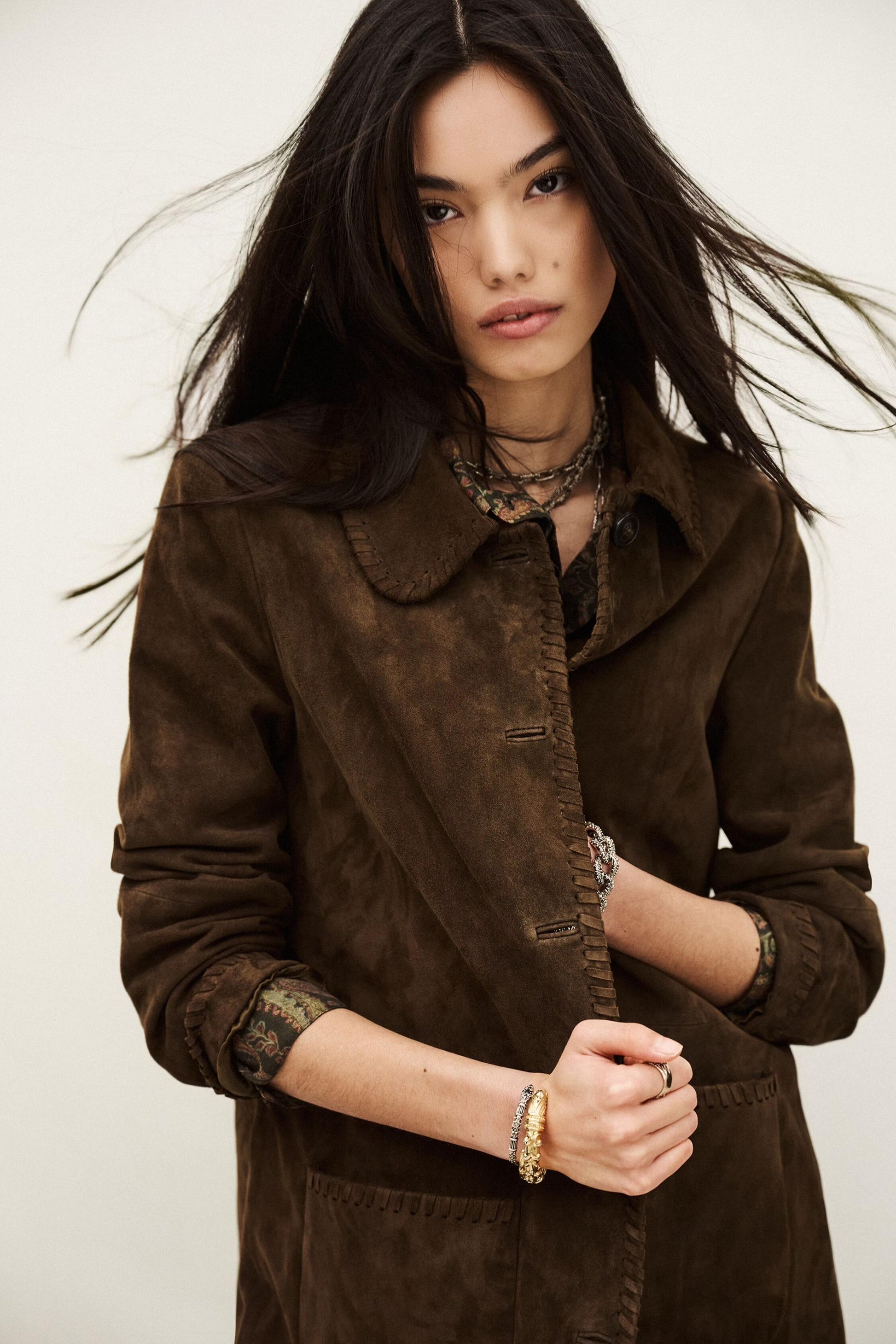 ba&sh Long Suede Coat Maena Brown