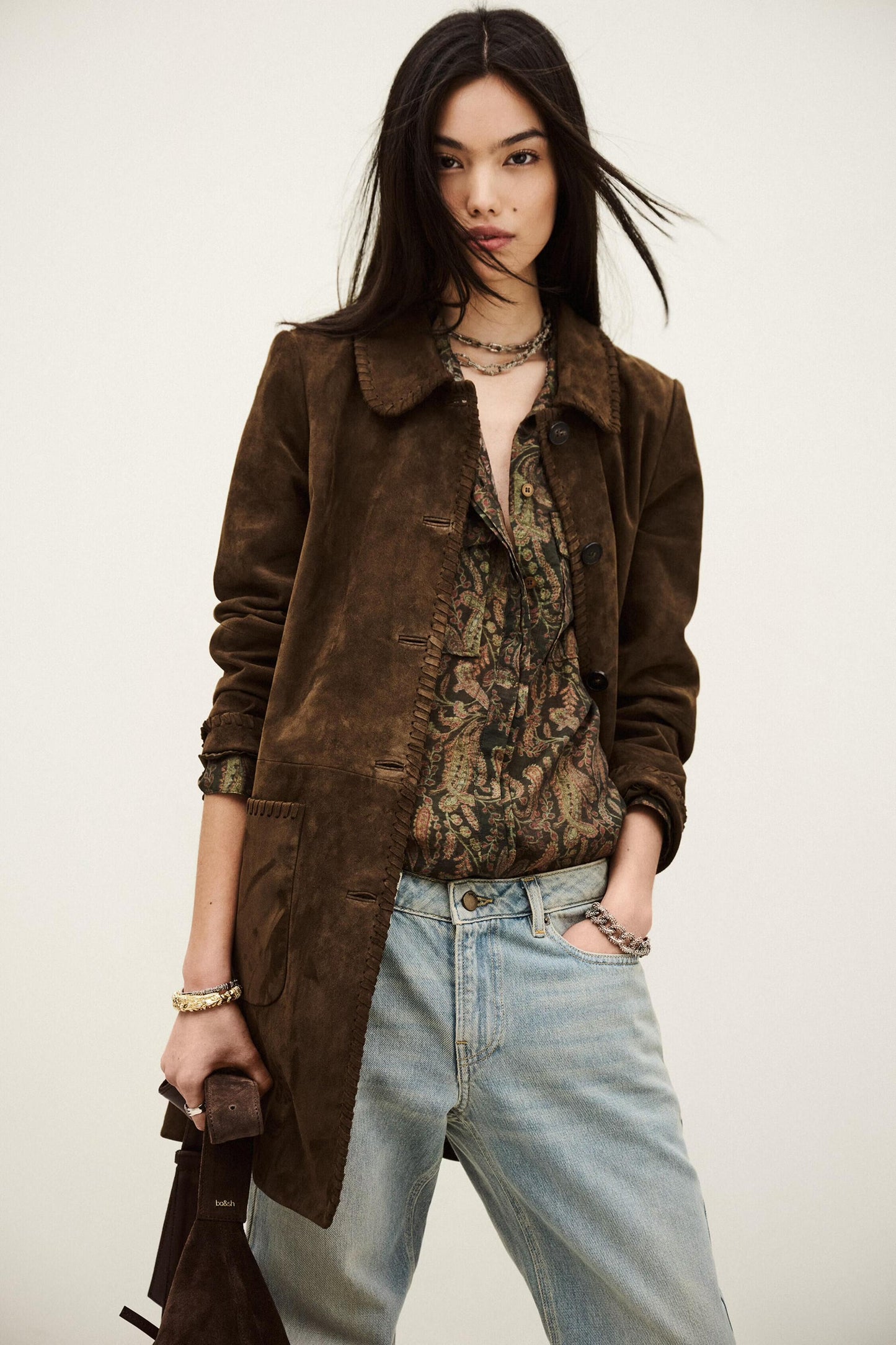 ba&sh Long Suede Coat Maena Brown