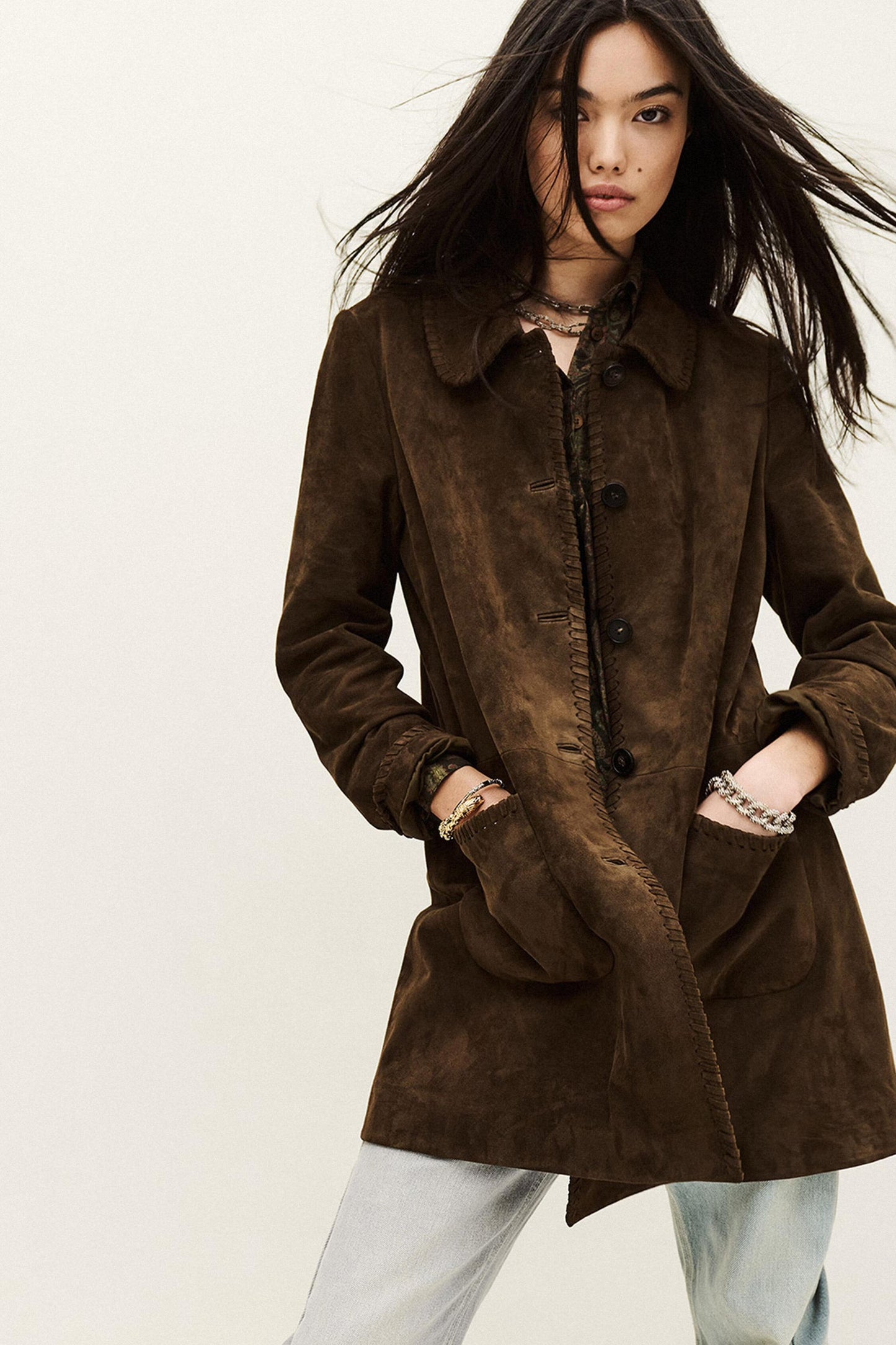 ba&sh Long Suede Coat Maena Brown