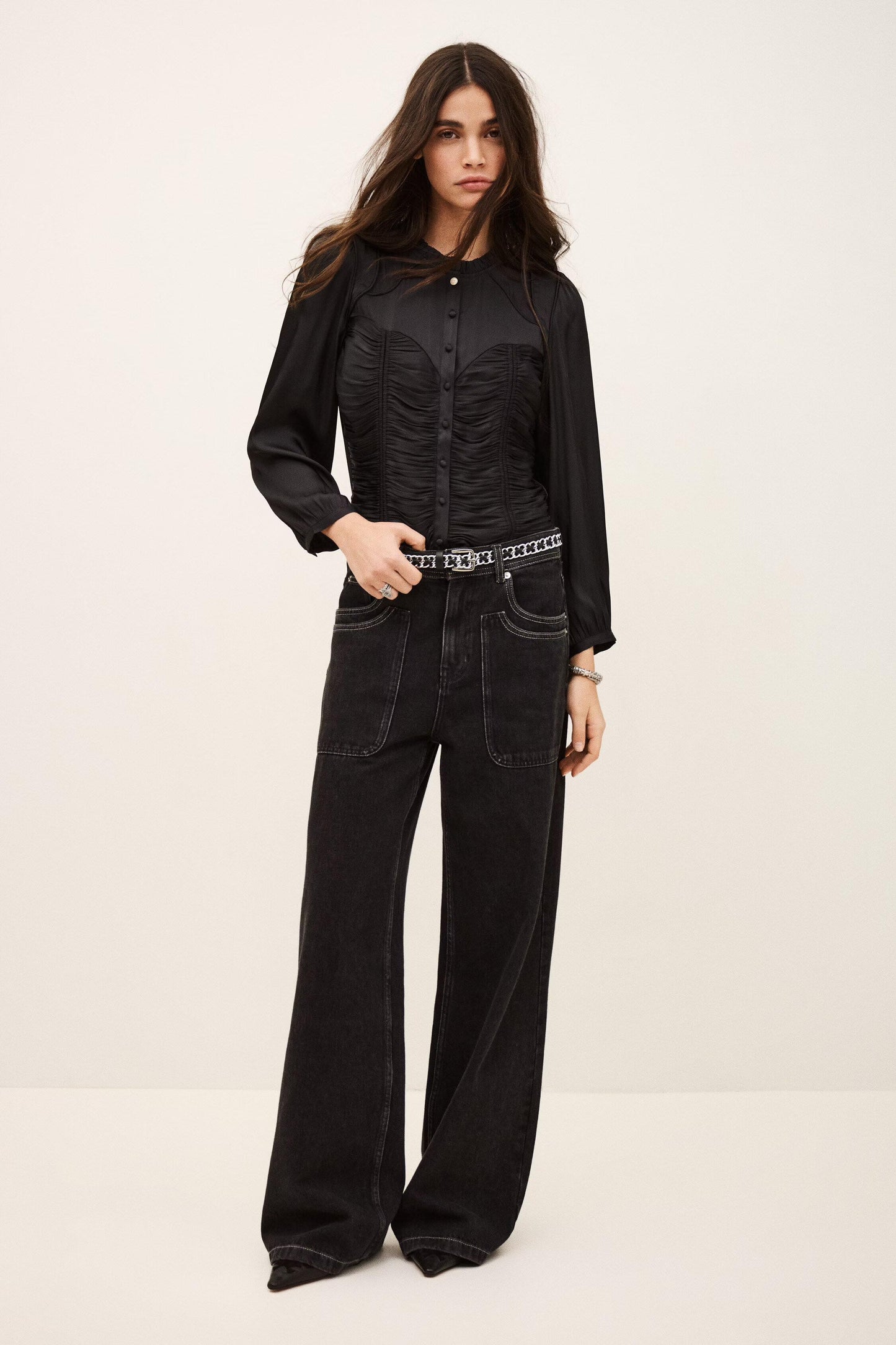 ba&sh Fitted Satin-Finish Top Cimila Black