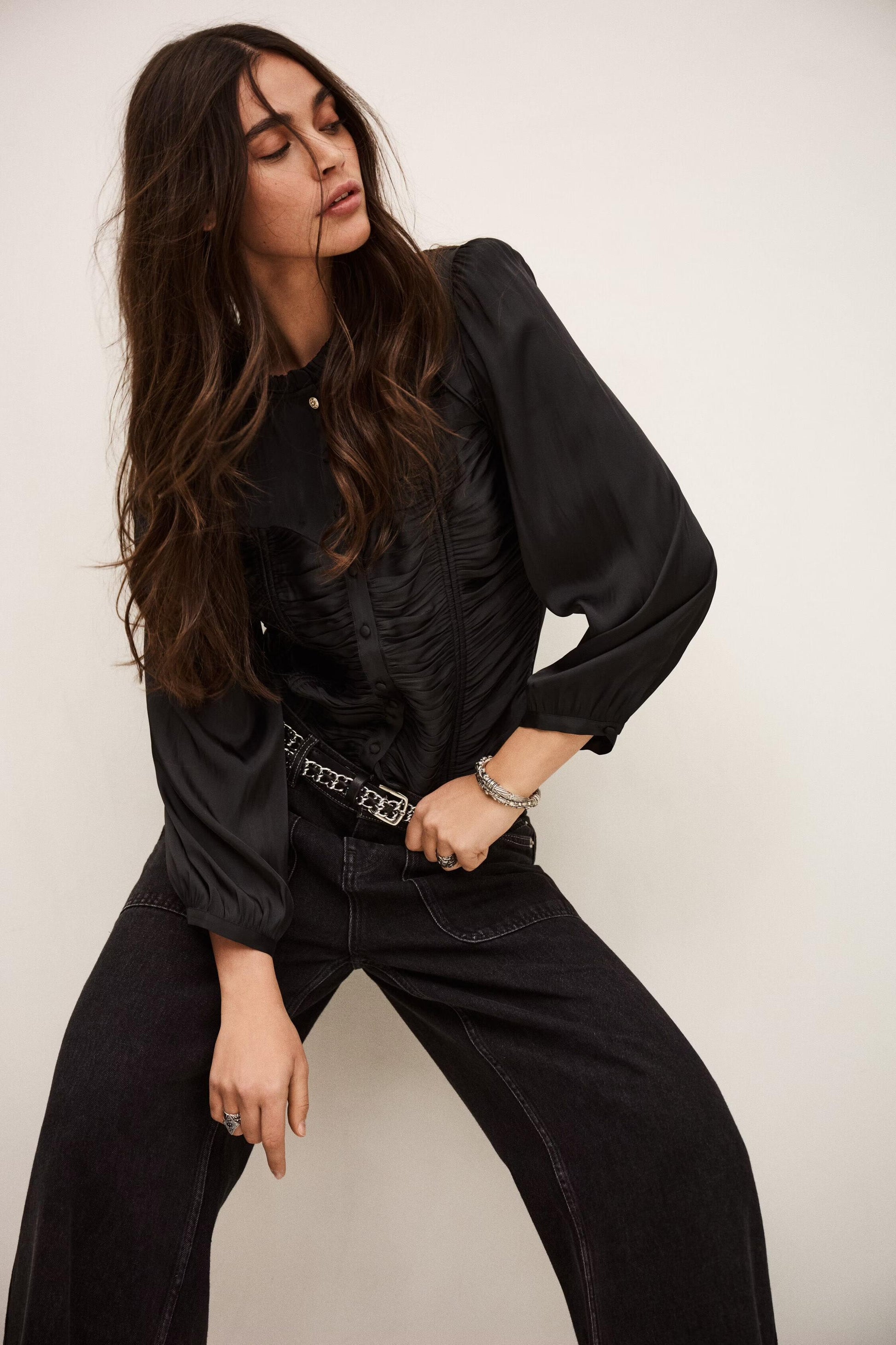 ba&sh Fitted Satin-Finish Top Cimila Black