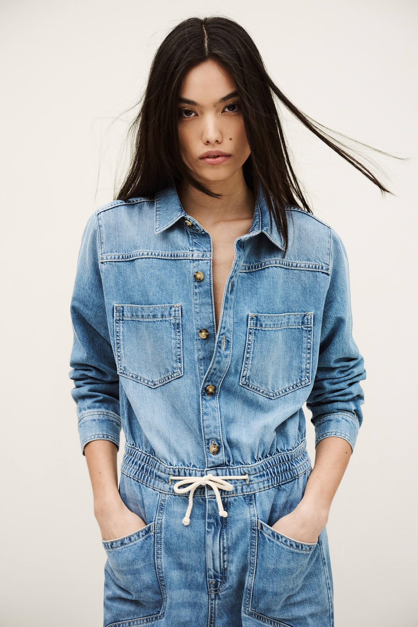 ba&sh Denim Cargo Jumpsuit Myrella Blue