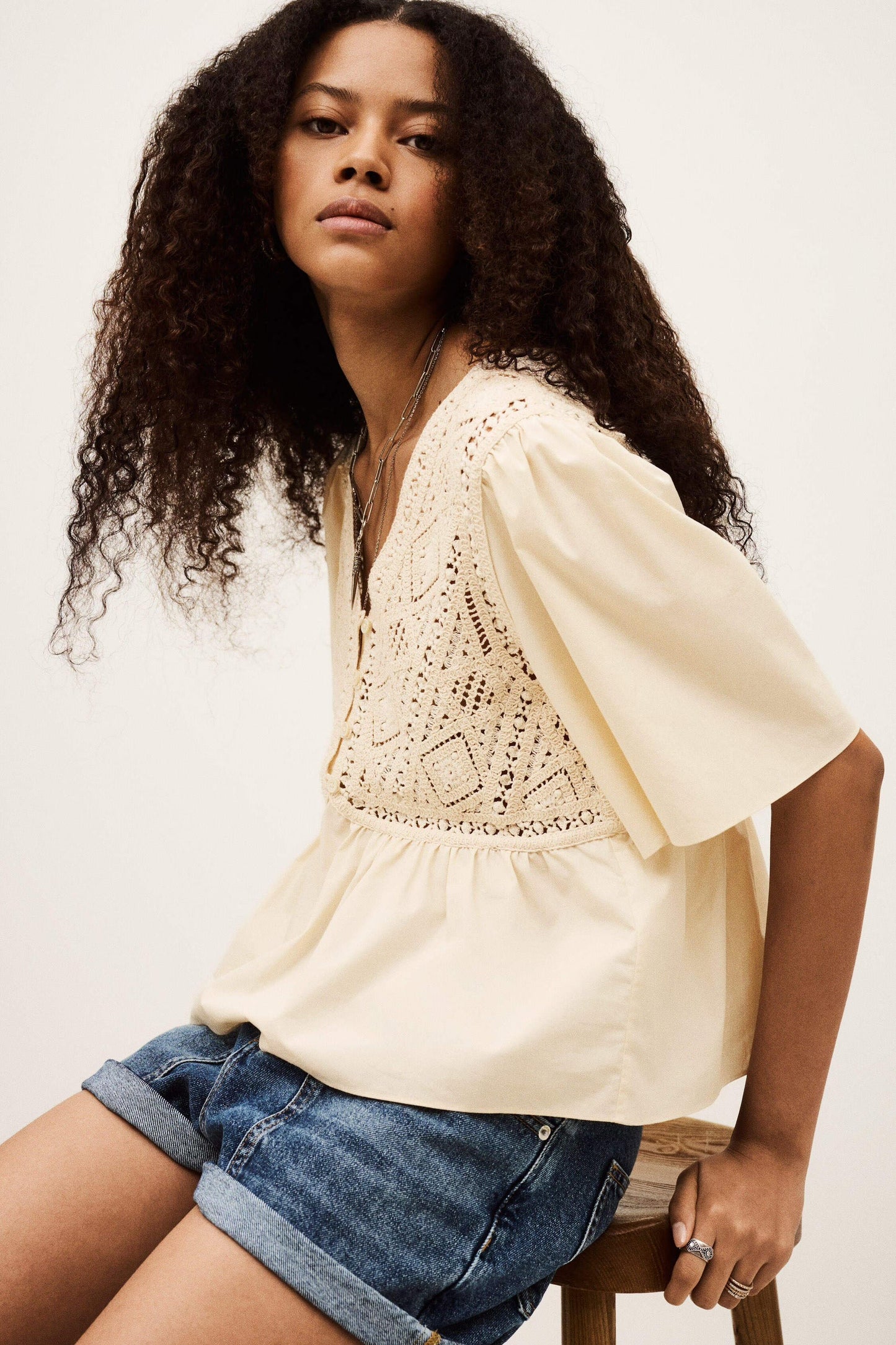 ba&sh Short-Sleeved Blouse Salvi Off-White
