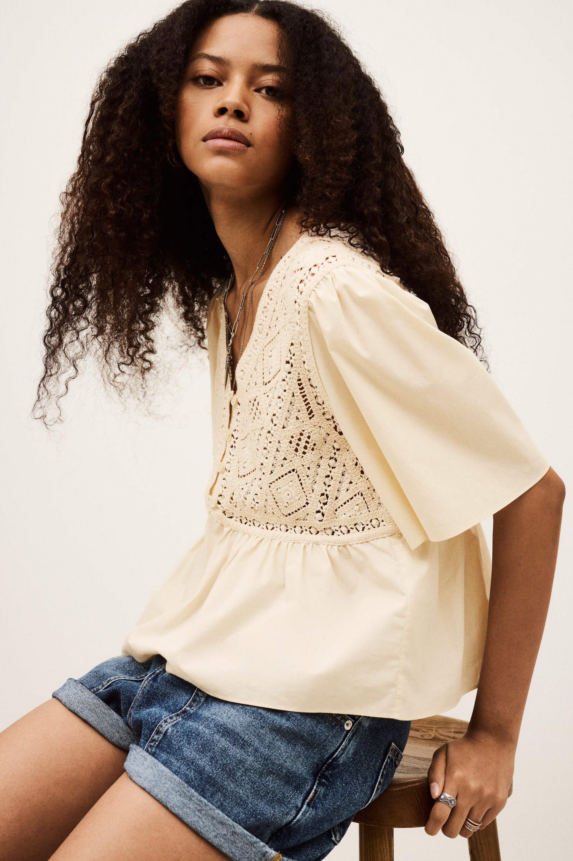 ba&sh Short-Sleeved Blouse Salvi Off-White