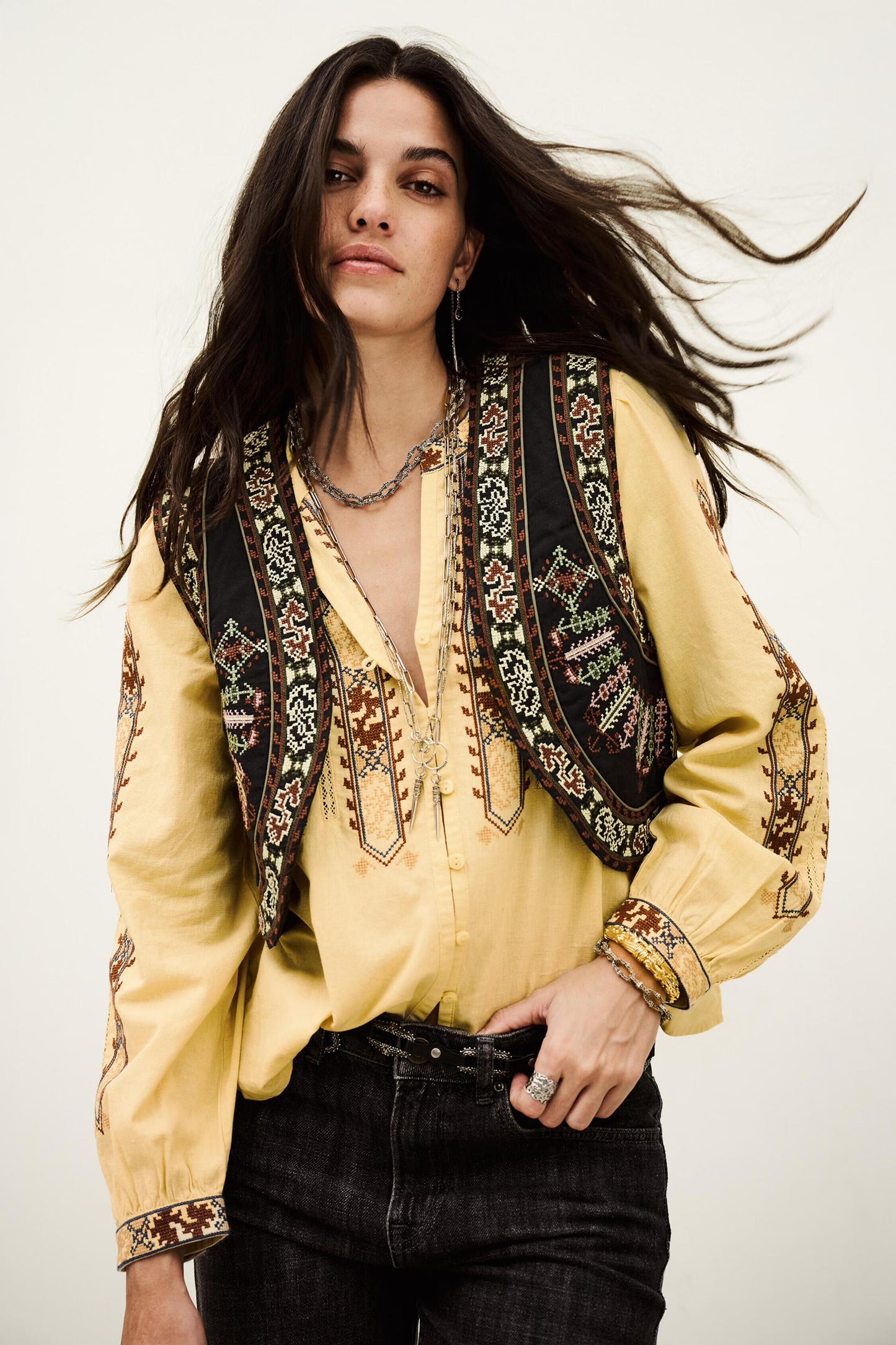 ba&sh Cropped Embroidered Cardigan Fosca Gray