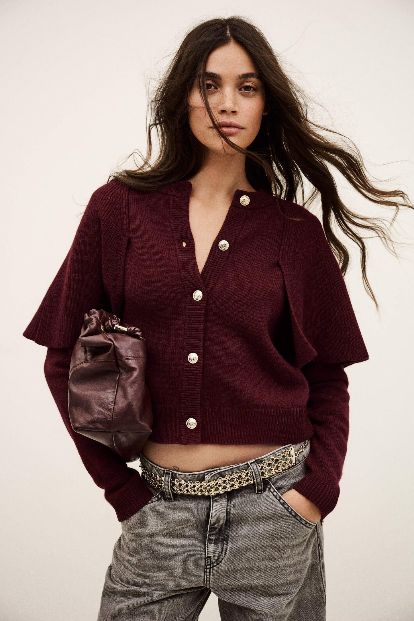ba&sh Cropped Knit Cardigan Pegg Red