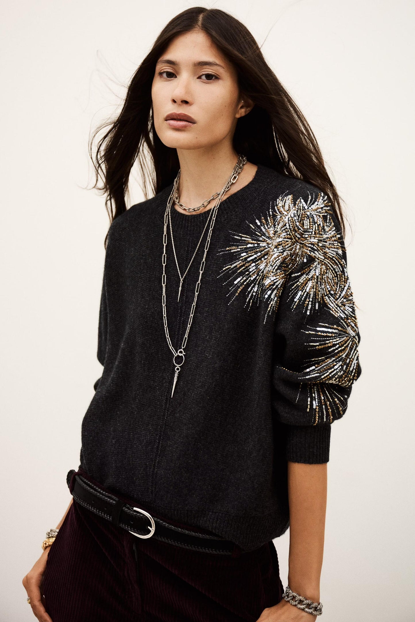 ba&sh Embroidered Knit Pullover Chor Gray