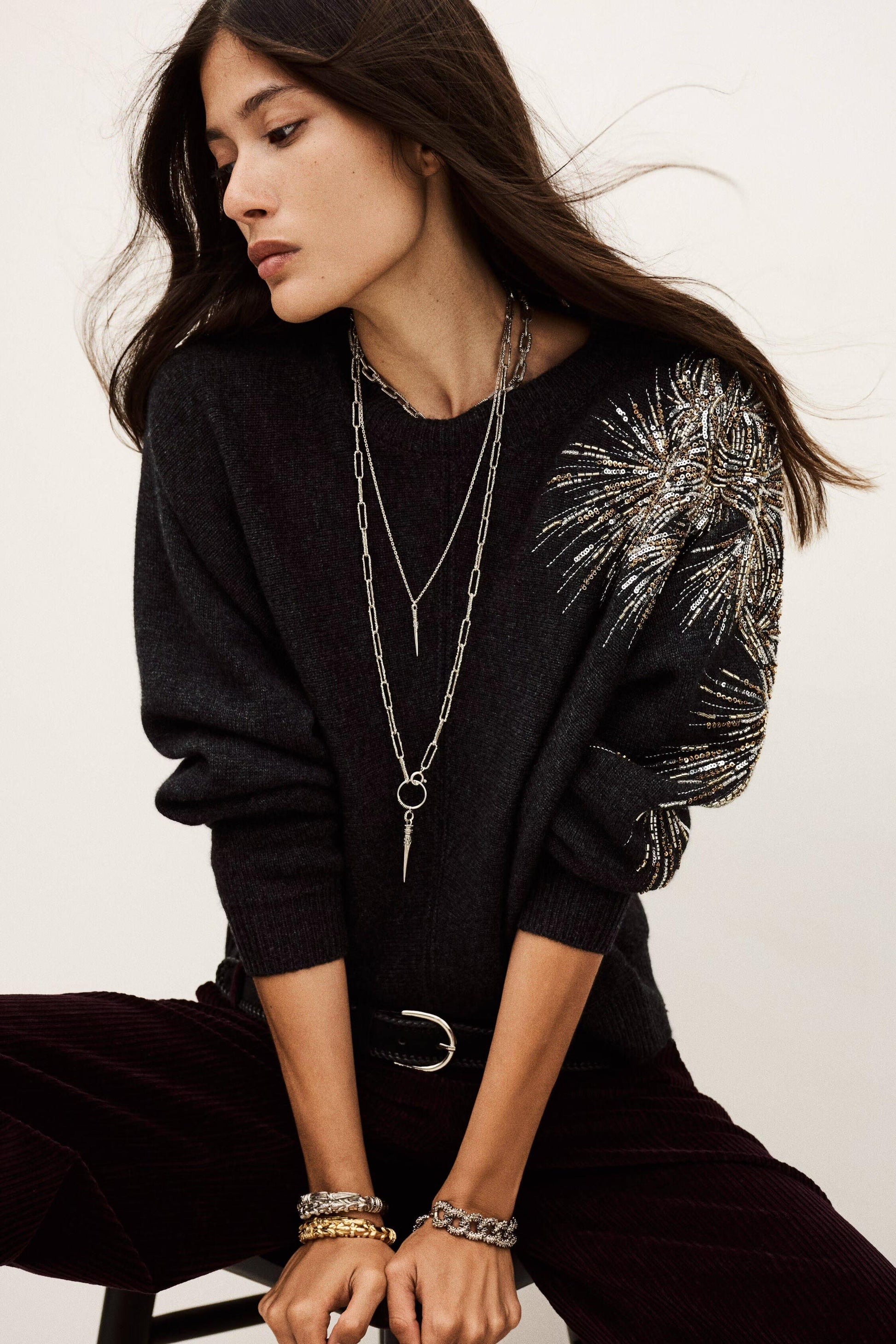ba&sh Embroidered Knit Pullover Chor Gray