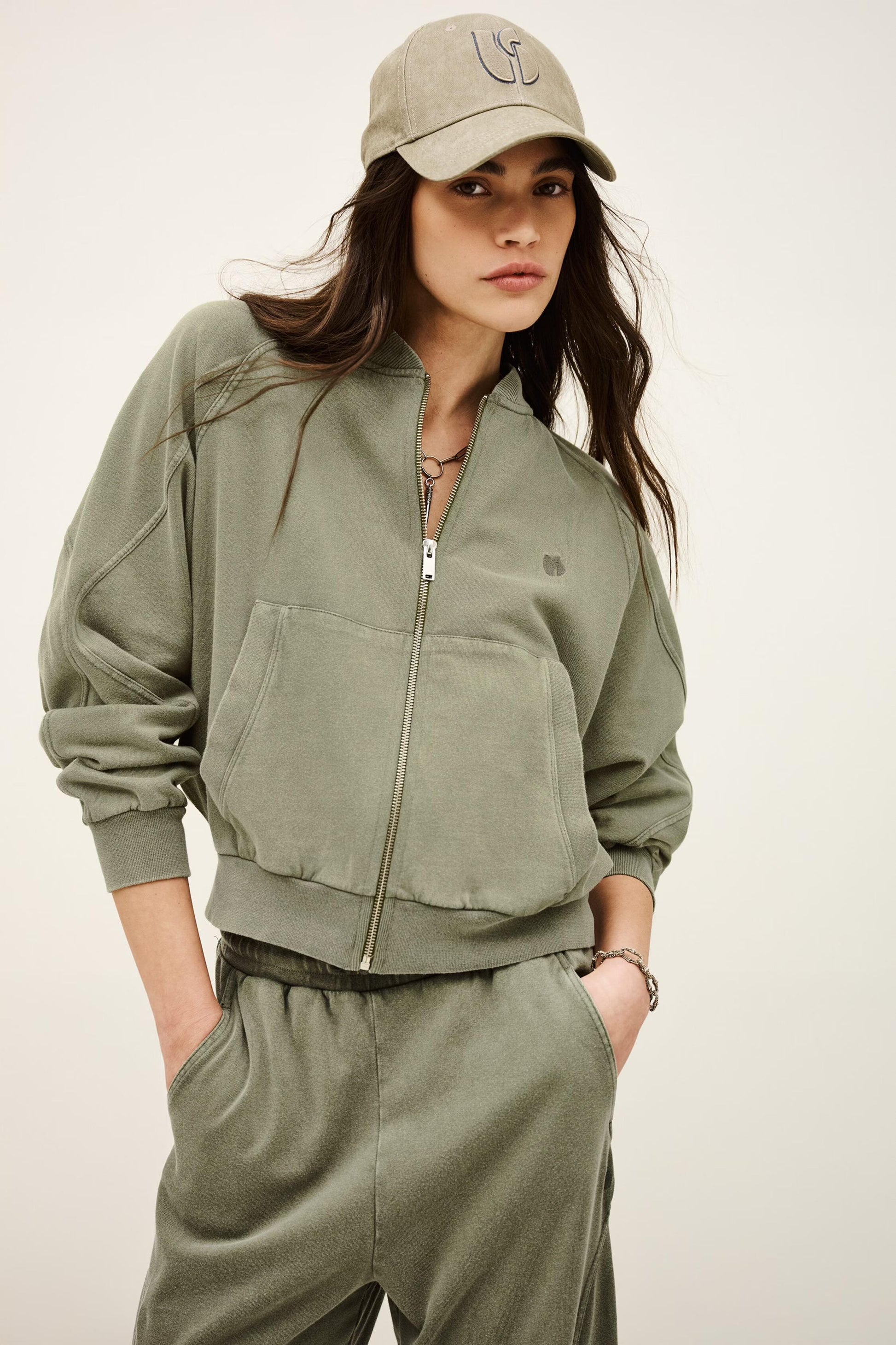 ba&sh Zipped Cotton Sweatshirt Kira Green