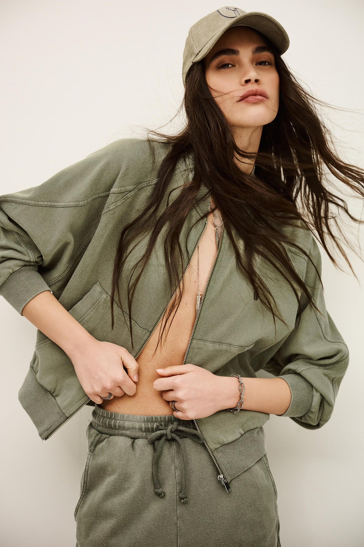 ba&sh Zipped Cotton Sweatshirt Kira Green