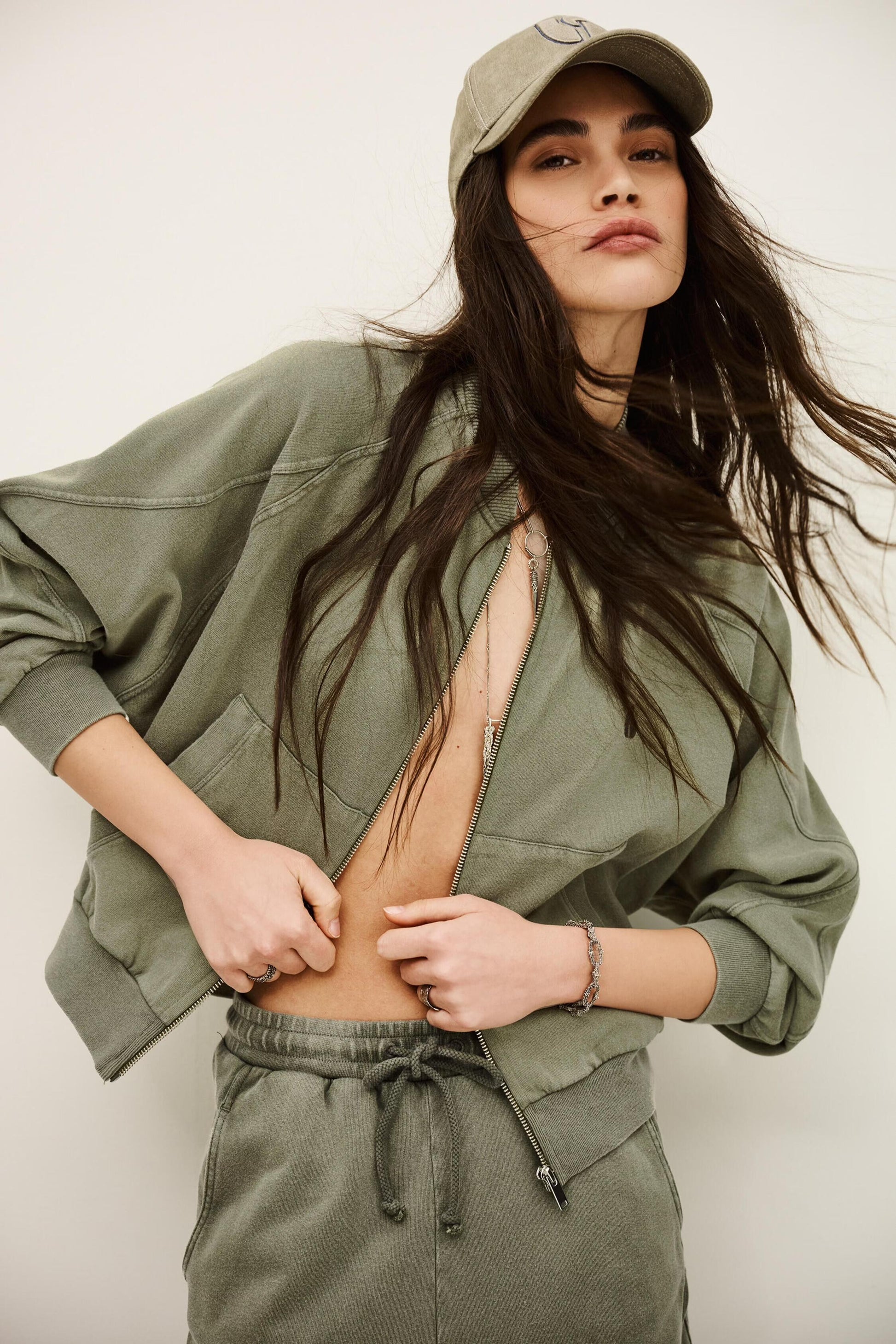 ba&sh Zipped Cotton Sweatshirt Kira Green