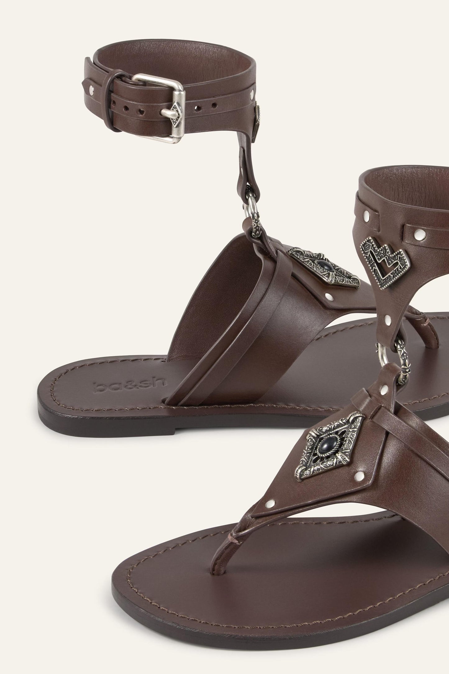 ba&sh Flat Leather Sandals Corfou Brown