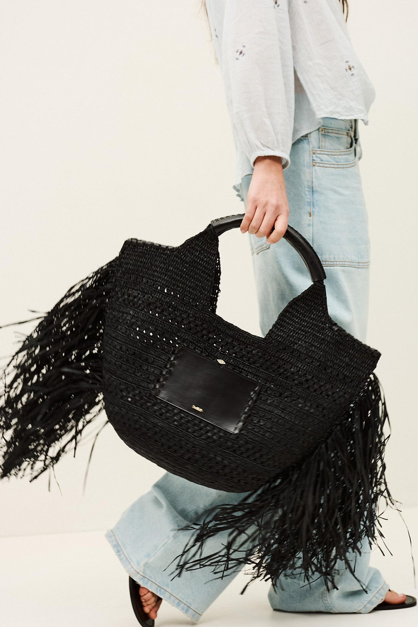 ba&sh Fringed Raffia Straw Bag Ara Black