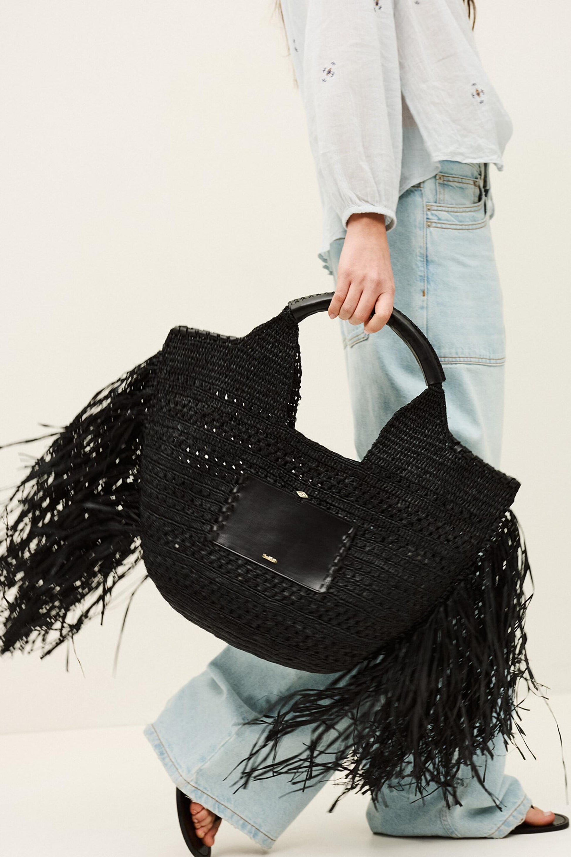 ba&sh Fringed Raffia Straw Bag Ara Black