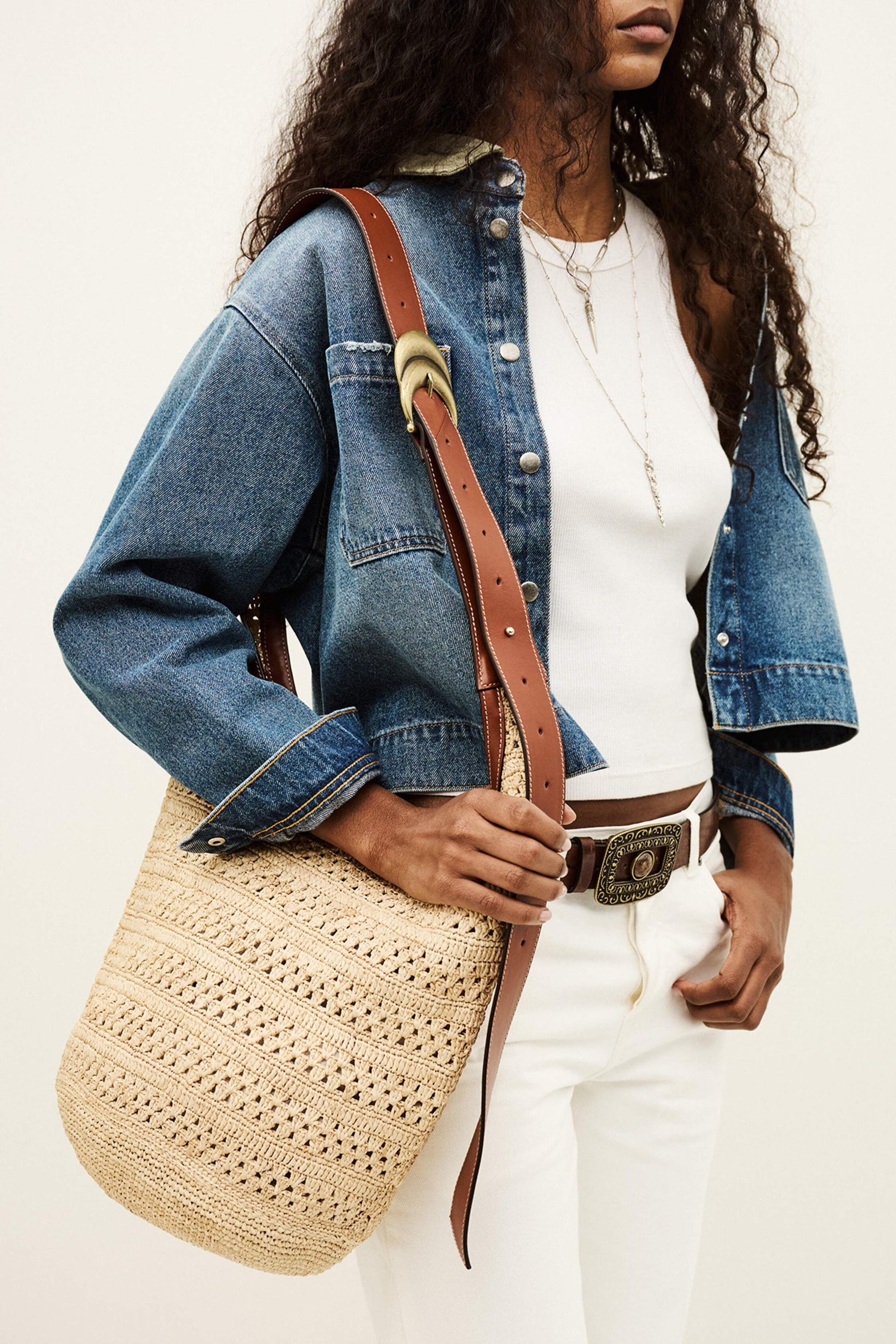 ba&sh Woven Bucket Bag Youyou Brown