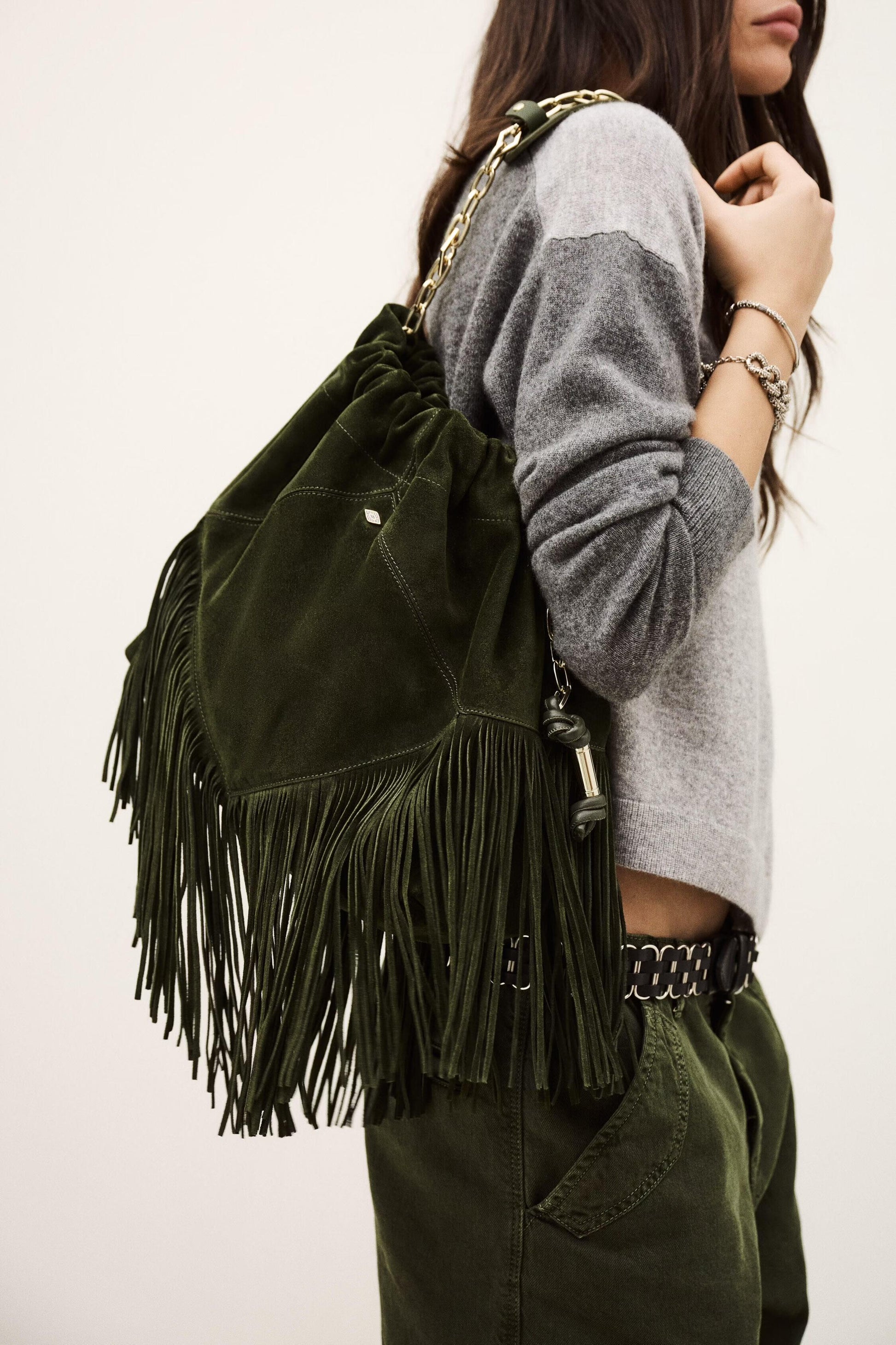 ba&sh Fringed Suede Bag June Green